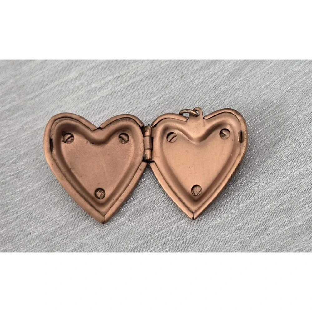 Vintage Copper‎ Heart Photo Picture Locket Pendant Charm Black Scroll Women's